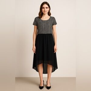 Kenzie Black Silver Geometric High Low Chiffon Overlay Dress Size Large Lined